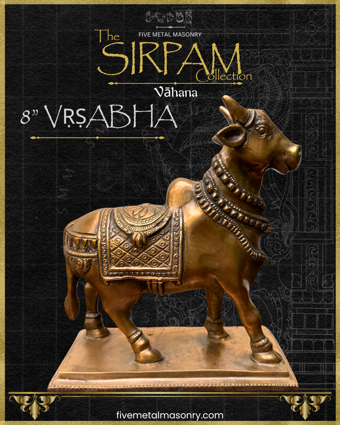 Handcrafted panchaloha bronze Vrsabha (Nandi) statue from the Sirpam Collection, standing on a pedestal with an ornate decorative saddle cloth, layered neck ornaments, and finely modelled features in the South Indian iconographic tradition.