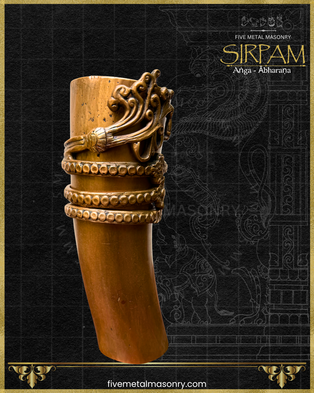 Side view of Handcrafted panchaloha bronze sculpture of the Bahu (arm) with ornate Angada armlet and Bahu Valaya arm bangles from the Sirpam Anga Abharana collection by Five Metal Masonry.