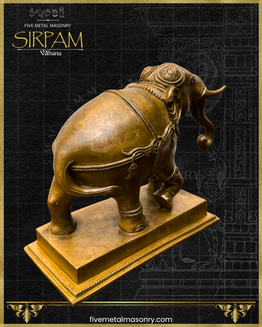 Bronze elephant statue on a black background with 'Five Metal Masonry' branding.