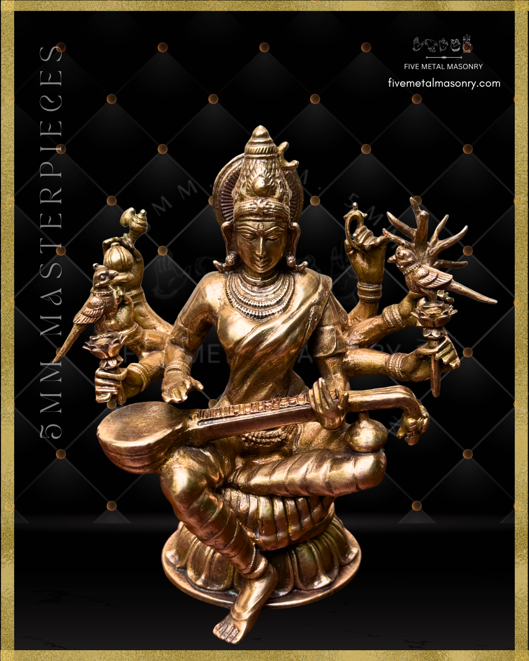 Top angle view of Handcrafted Panchaloha Matangi bronze icon from the Five Metal Masonry Masterpieces Collection, seated with veena and depicted with multiple arms bearing her characteristic attributes, crafted according to traditional Shilpasastra iconography.