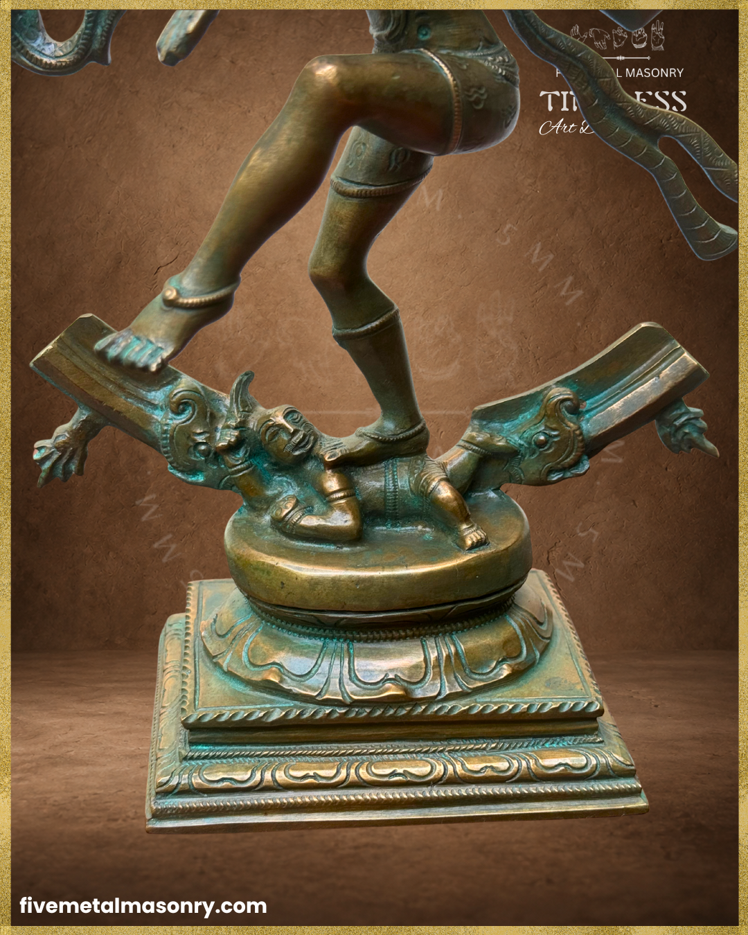 Close-up view of Thiruvalangadu style Nataraja Panchaloha bronze, showing the dancing feet over Apasmara, sculpted anklets and the detailed lotus pedestal and base.