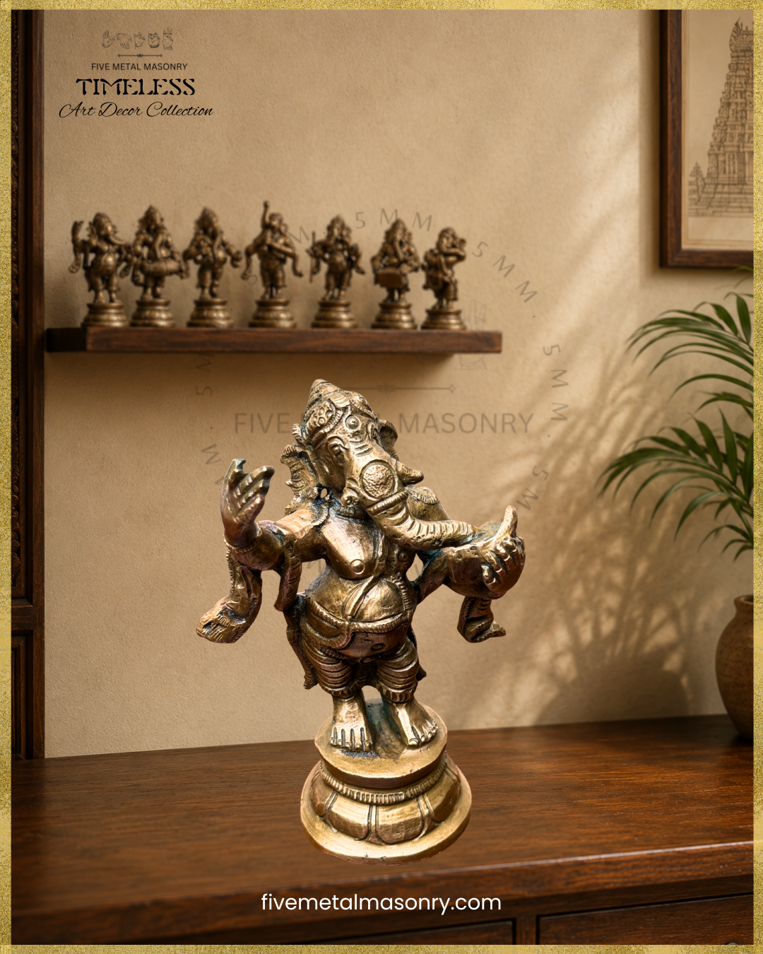 Close-up of a handcrafted panchaloha bronze Ganesha conducting the orchestra, part of the Musical Ganesha Set from the Timeless Collection 