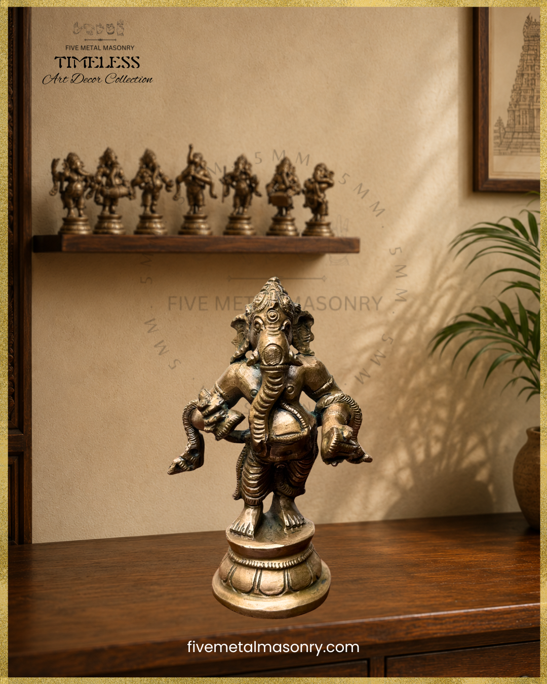 Close-up of a handcrafted panchaloha bronze Ganesha playing the cymbals, part of the Musical Ganesha Set from the Timeless Collection 