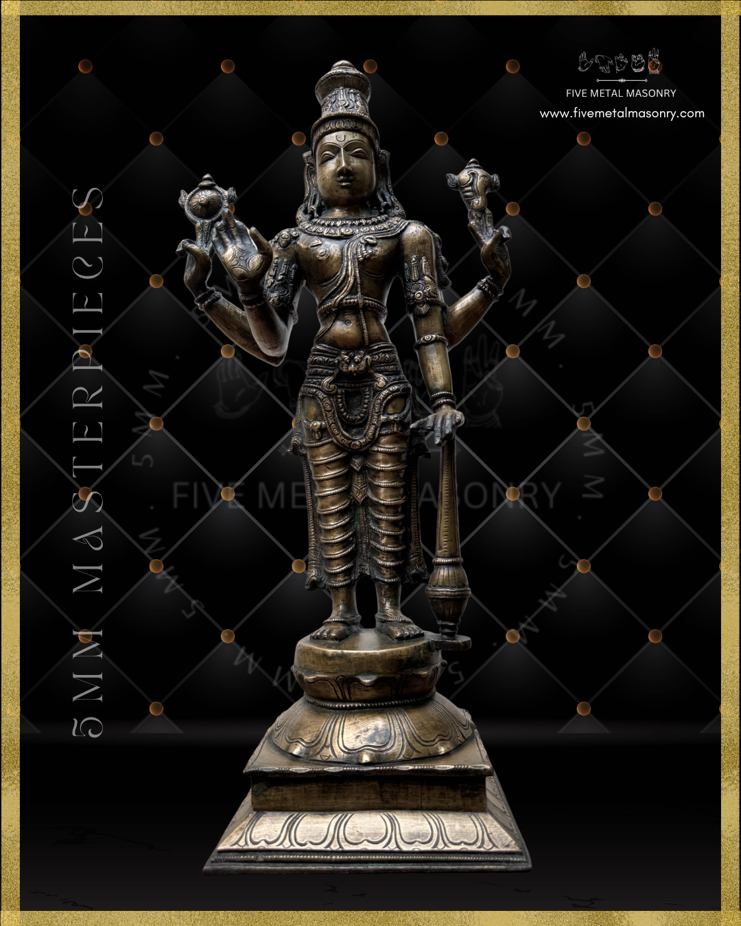 Low angle front view of Handcrafted Vishnu Panchaloha bronze statue with four arms holding cakra and sankha, abhaya mudra and gada, crafted with detailed South Indian iconography in the silpa-sastra tradition.