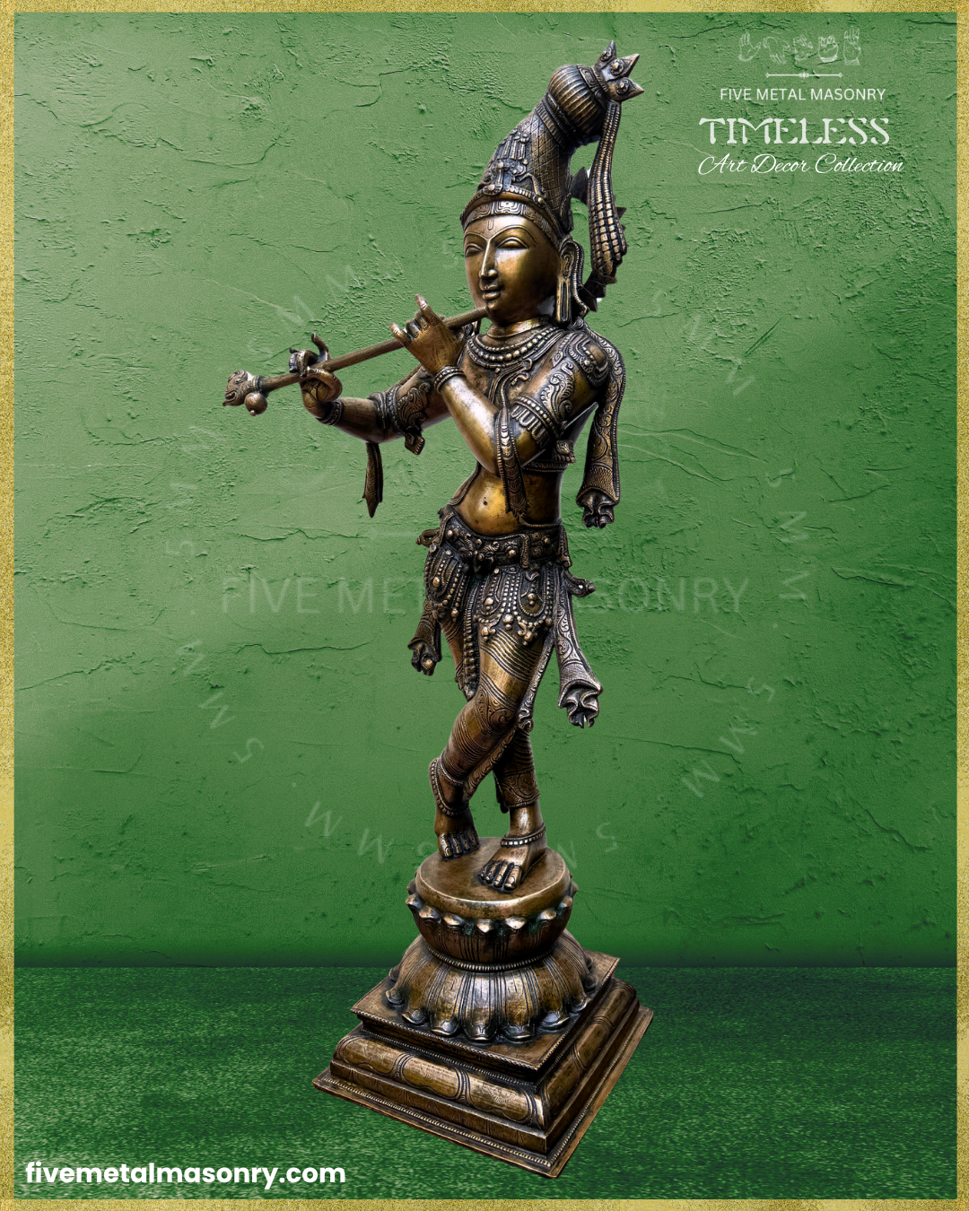 Right profile view of Handcrafted Panchaloha bronze Venugopala Krishna from Five Metal Masonry’s Timeless Collection, standing in svastikasana and playing the venu, with an elongated kesa-bandha decorated with floral motifs, peacock feathers and tassels, detailed ornaments and Silpasastra-inspired iconography.