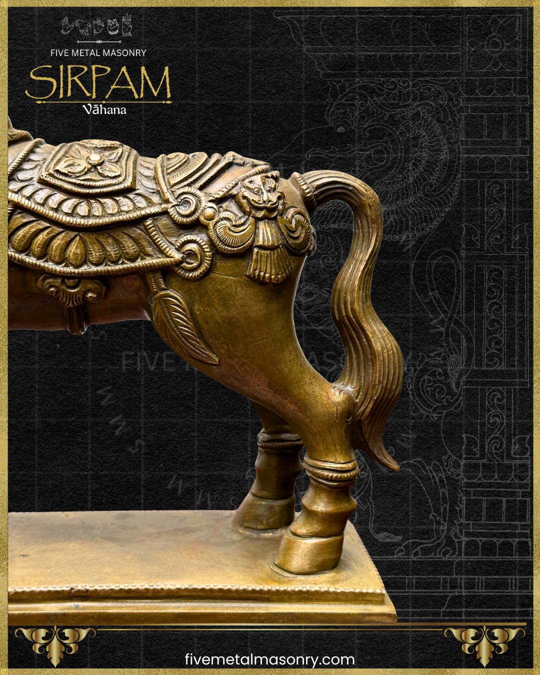 Decorative bronze sculpture of a horse on a black background with 'Five Metal Masonry' branding.