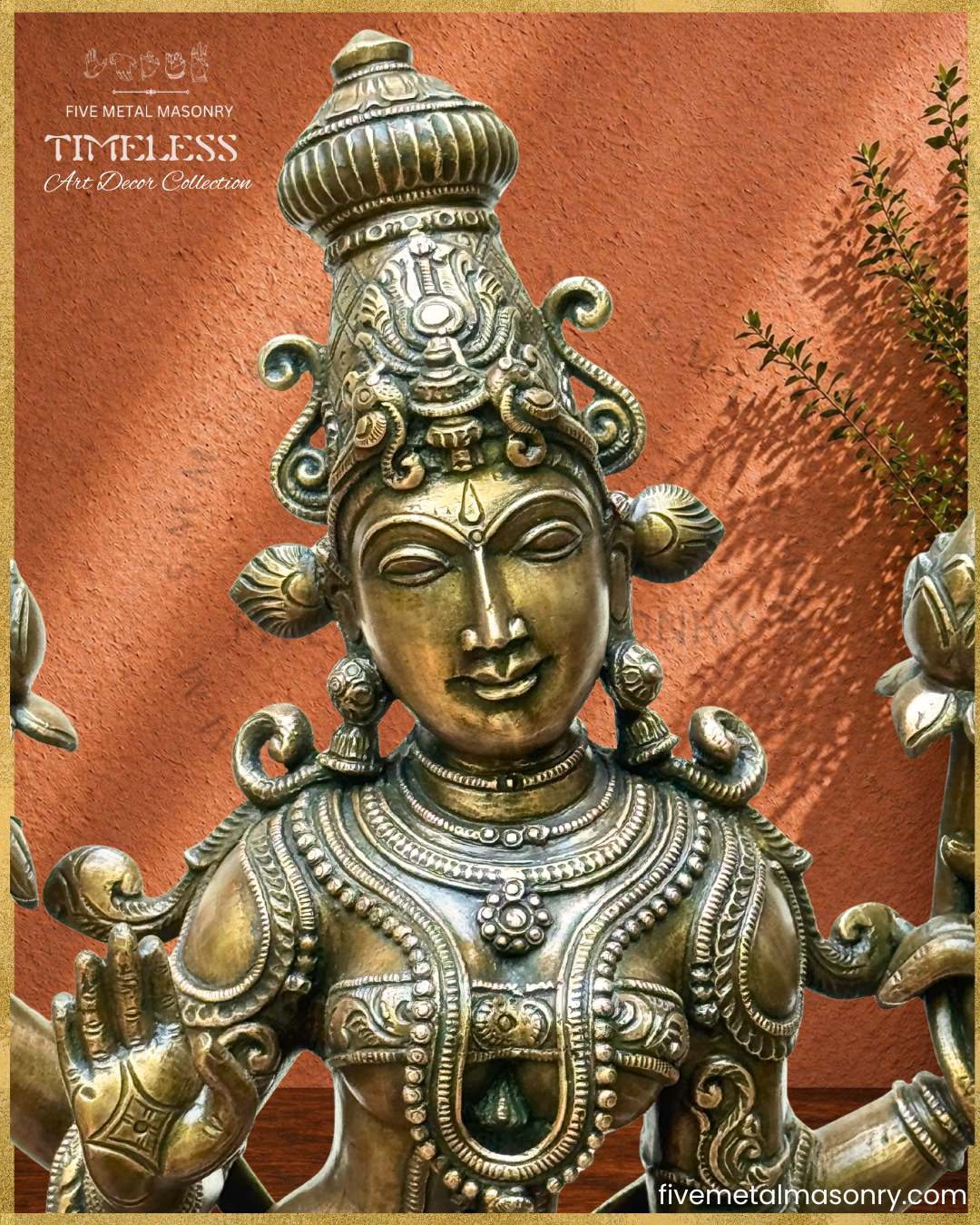 Panchaloha Bronze statue of Lakshmi in standing posture from Timeless collection with 'Five Metal Masonry' branding.