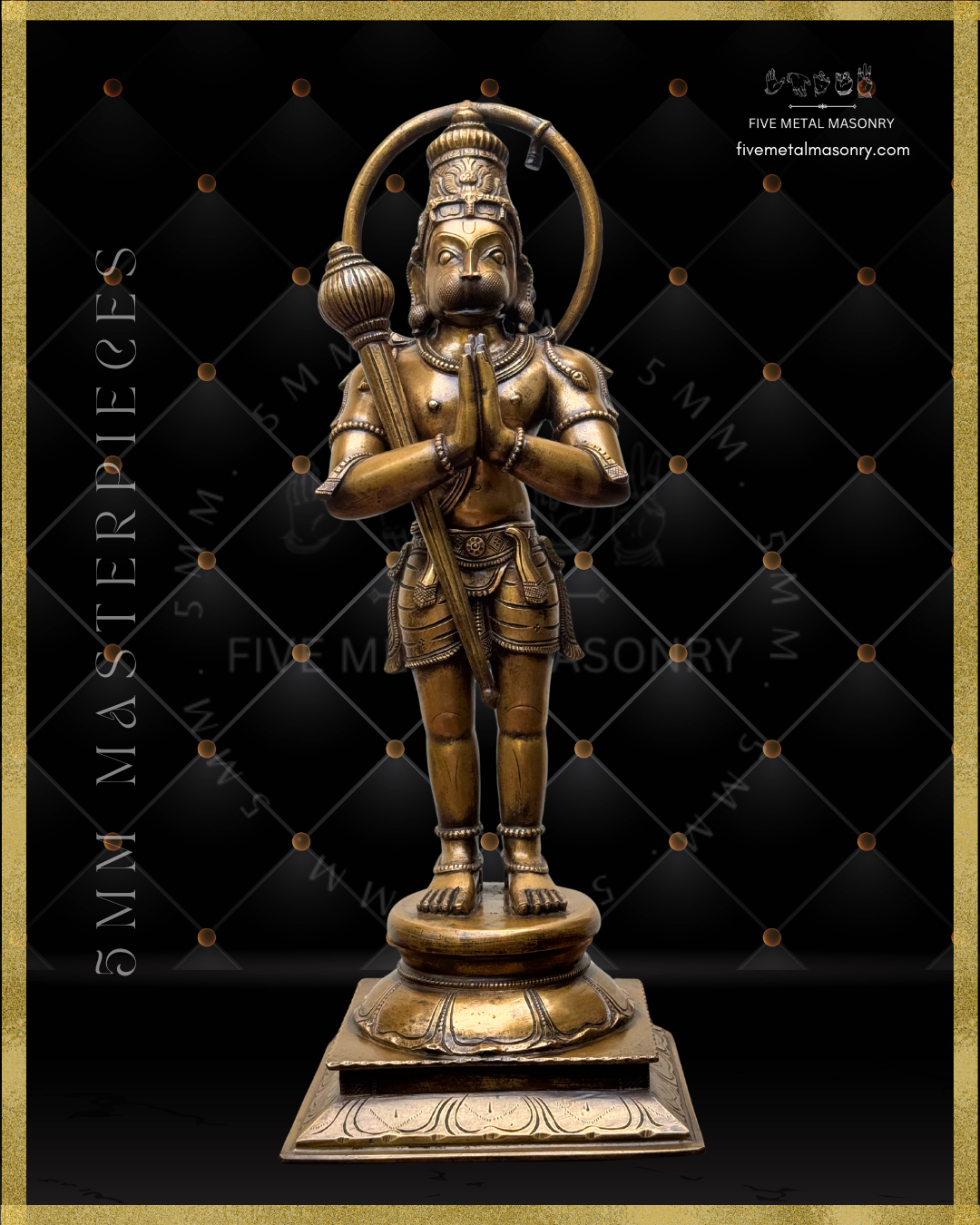 Bronze statue of Hanuman on a black background with 'Five Metal Masonry' branding.