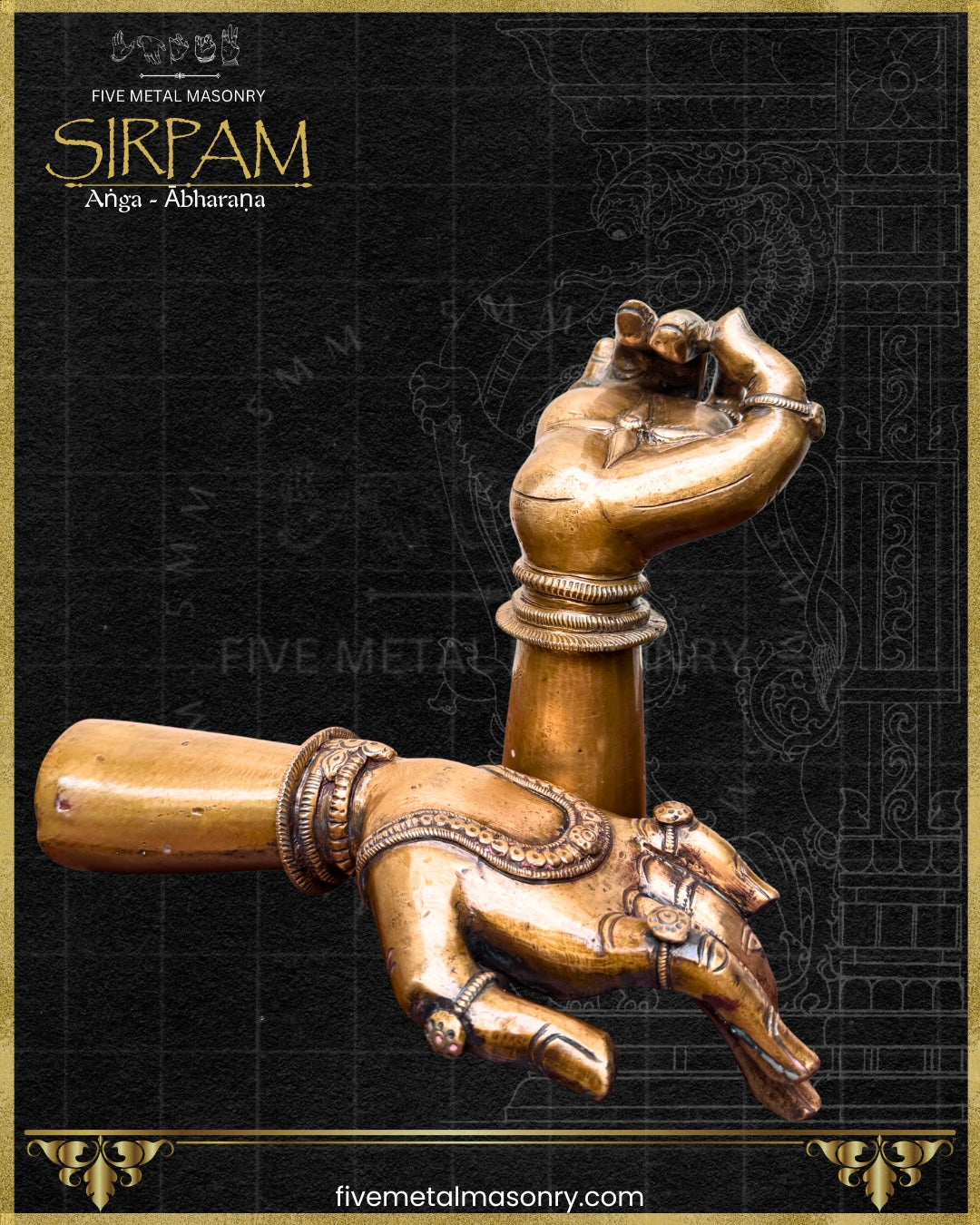 Decorative bronze hand sculptures with intricate jewellery details on a black background, from Five Metal Masonry’s Sirpam collection