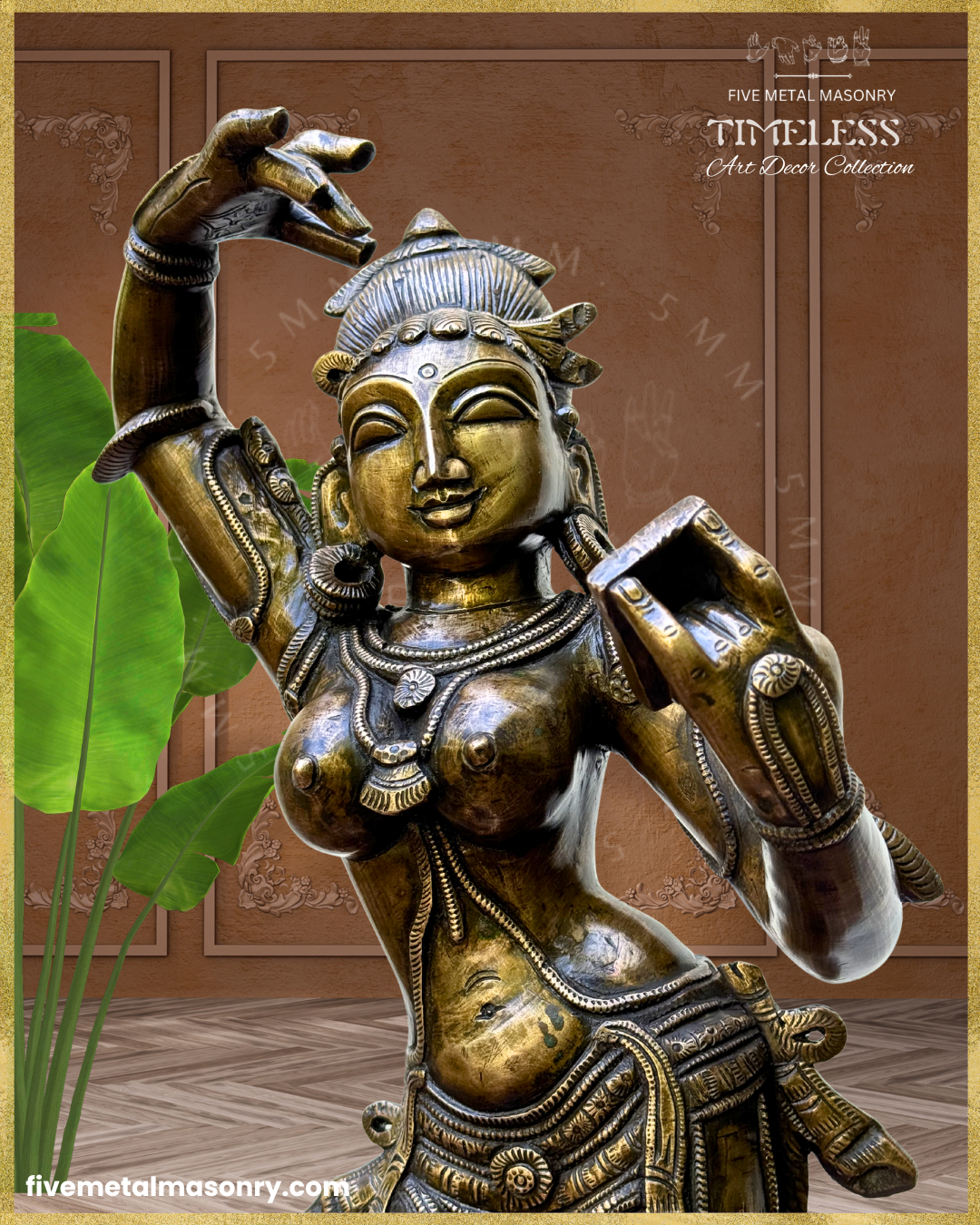 Close-up of a handcrafted Panchaloha bronze Darpana Sundari icon from the Timeless Collection, highlighting the serene facial features, elegant hand gesture, mirror, layered necklaces, graceful torso, ornate waist ornaments, and rich antique patina.