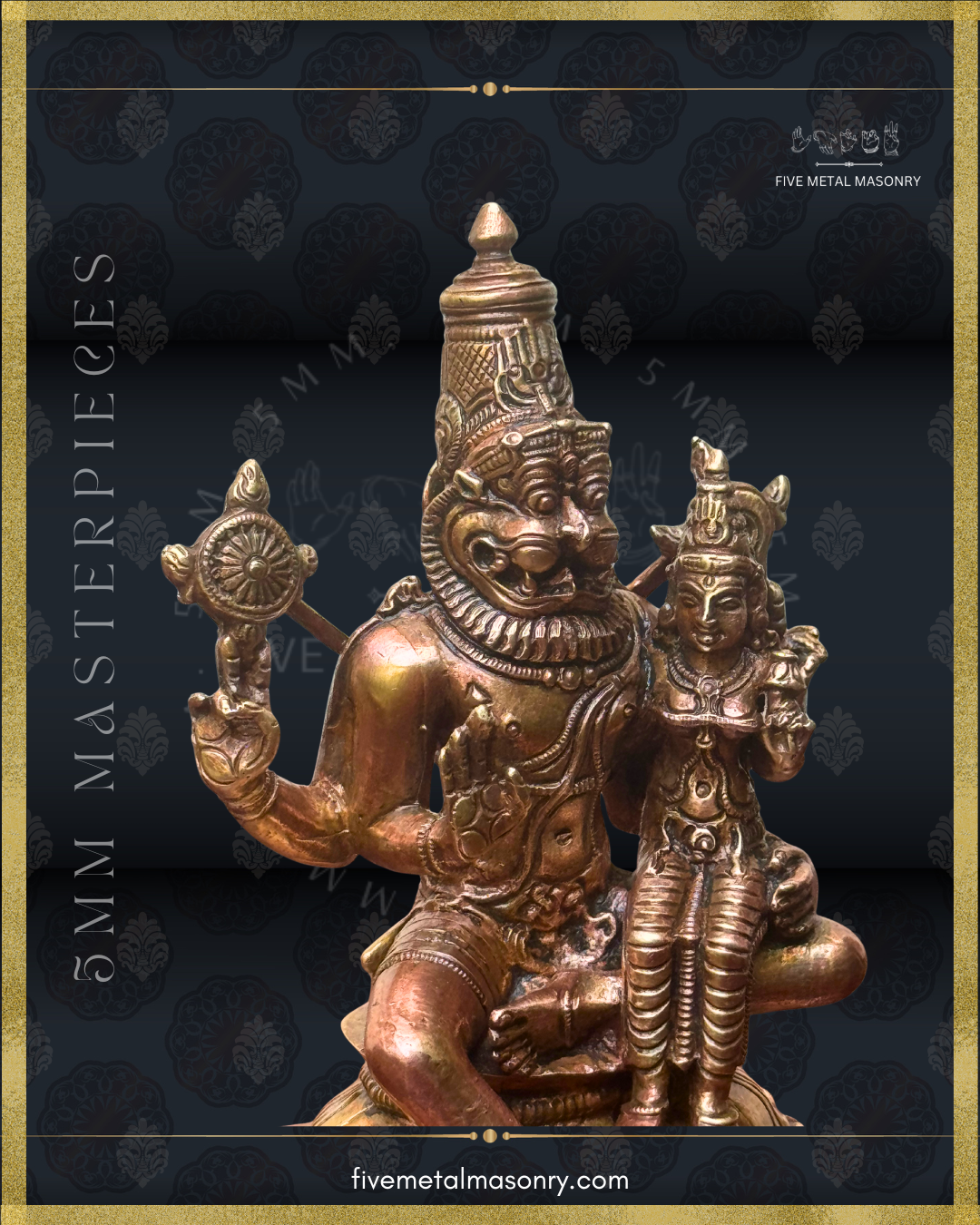 Closer three-quarter view of handcrafted Lakshmi Narasimha Panchaloha bronze from the Masterpieces Collection, highlighting silpa-sastra based South Indian iconographic tradition, with Narasimha holding cakra and sankha in the upper hands, abhaya in the lower right, and supporting Lakshmi with the lower left hand.