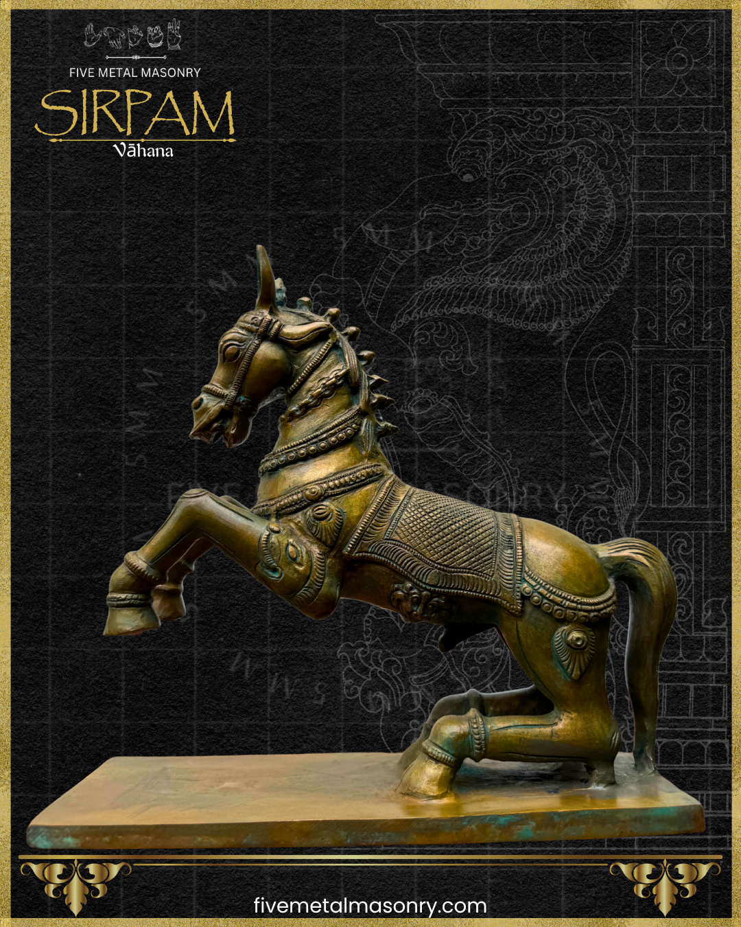 Bronze horse statue on a dark background with 'Five Metal Masonry' branding.