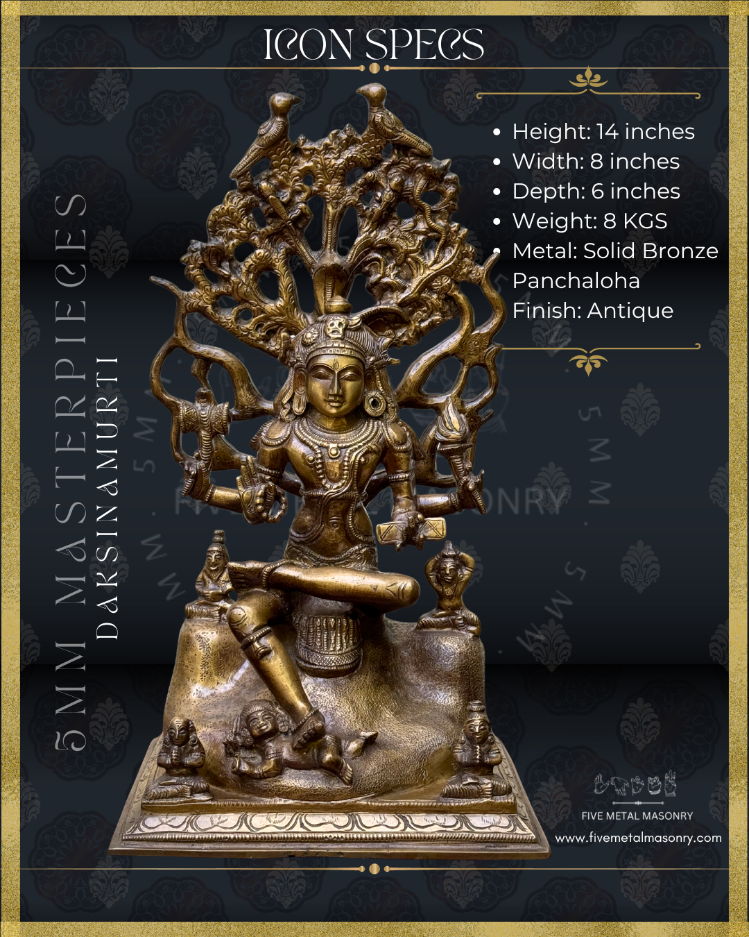 Product dimensions of Handcrafted Panchaloha bronze Dakshinamurti statue, crafted according to Shilpasastra principles, featuring traditional South Indian iconography of Shiva as the divine teacher seated beneath the banyan tree with sages and Apasmara.