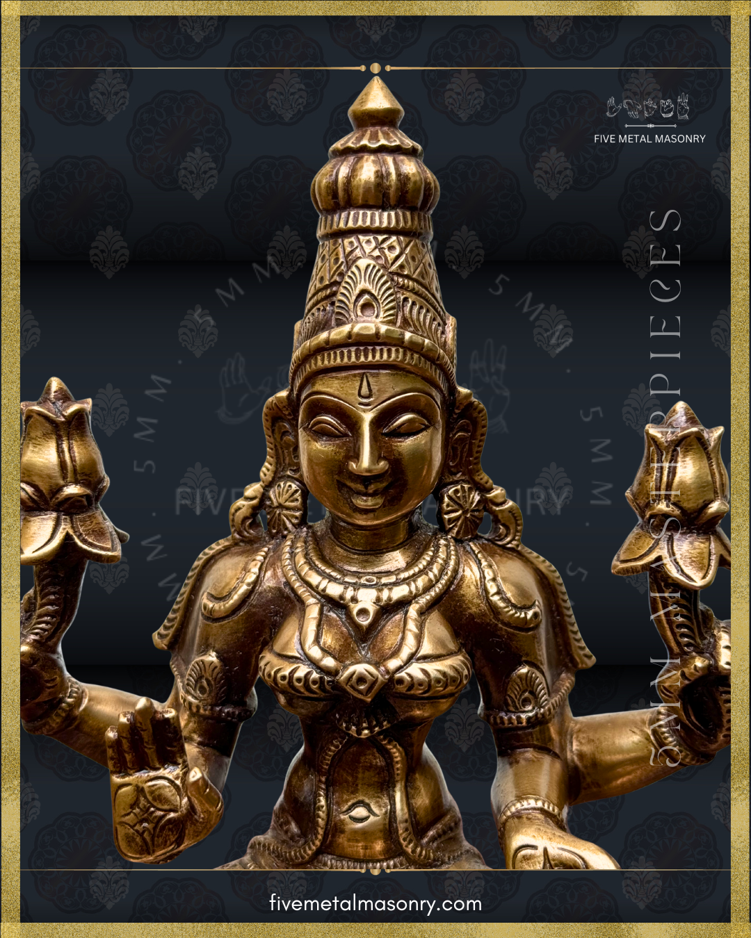 Lakshmi panchaloha bronze statue with intricate designs and exquisite workmanship on a black background with Five Metal Masonry branding