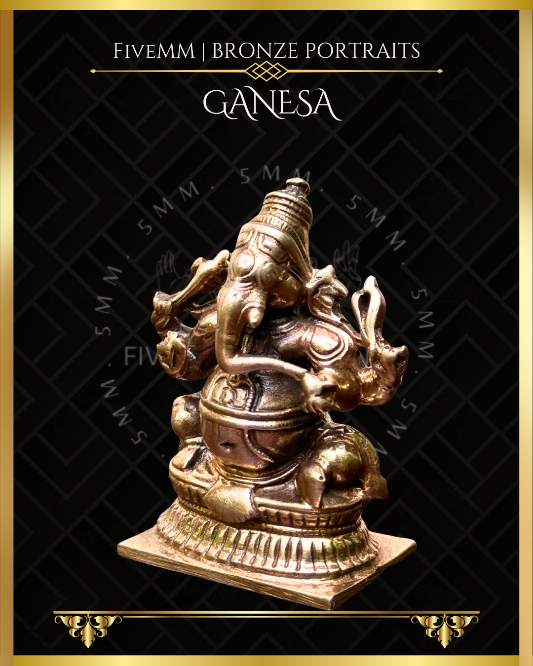 Left profile view of panchaloha bronze seated Ganesha icon, four armed and holding goad, noose, broken tusk and modaka, featuring elongated trunk, karanda makuta and stylised pedestal in South Indian iconographic tradition.