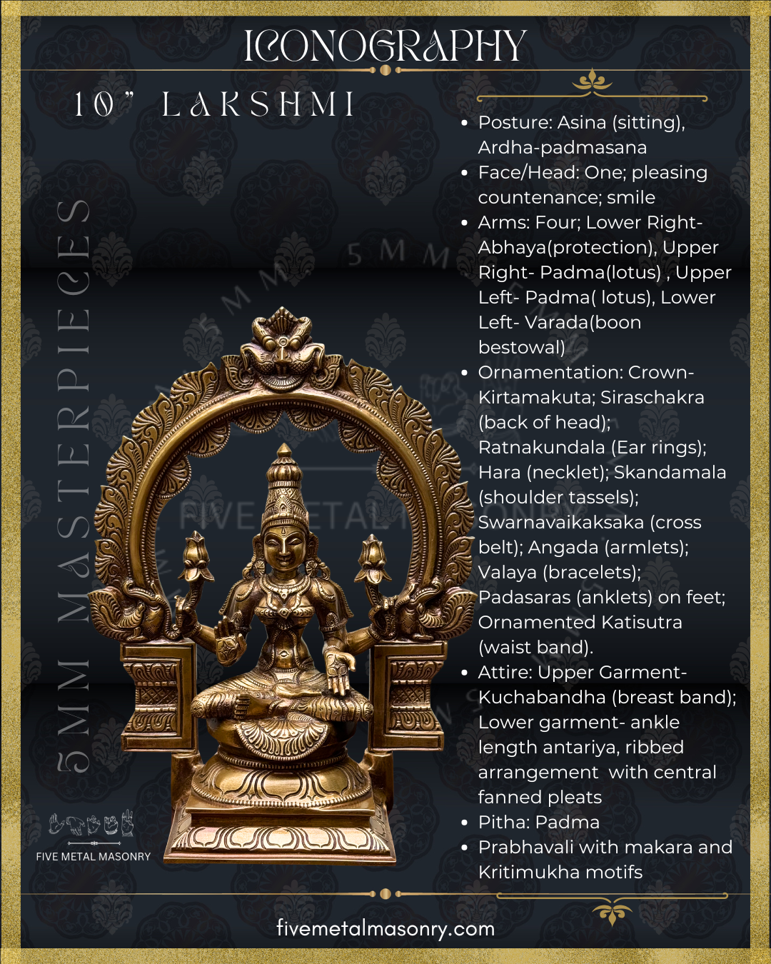 Lakshmi bronze panchaloha with detailed iconography on a dark background. 