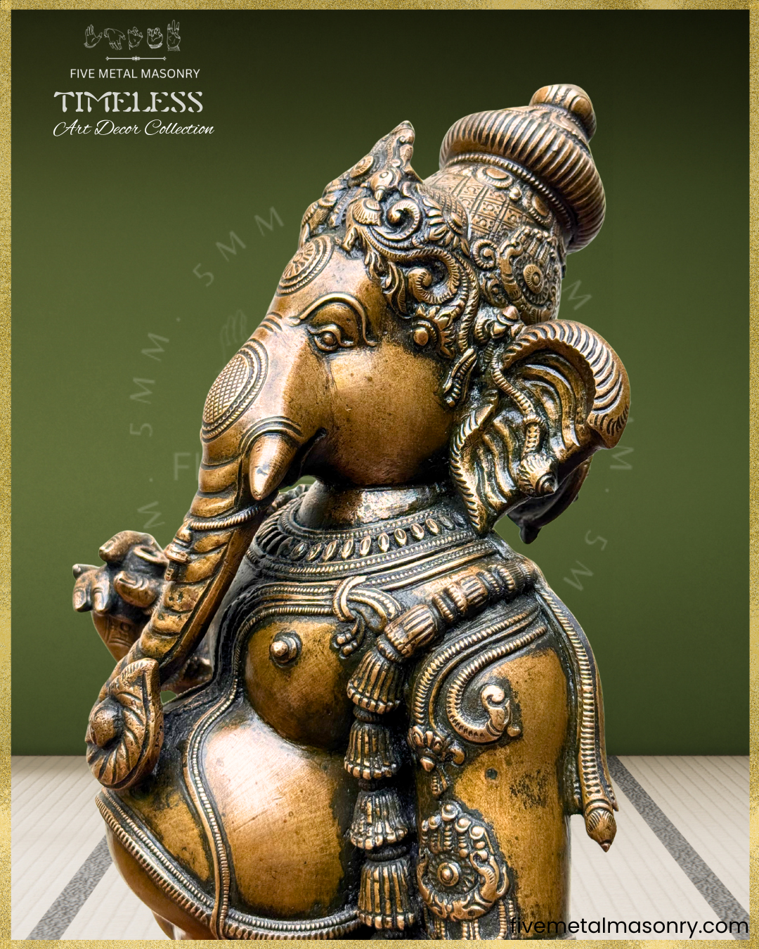 Close-up side view of antique finish Panchaloha bronze Ganesha featuring expressive elephant face, ornate karanda makuta with yali motifs, detailed ear ornaments, layered necklaces and finely modeled South Indian sculptural craftsmanship from the Timeless collection.