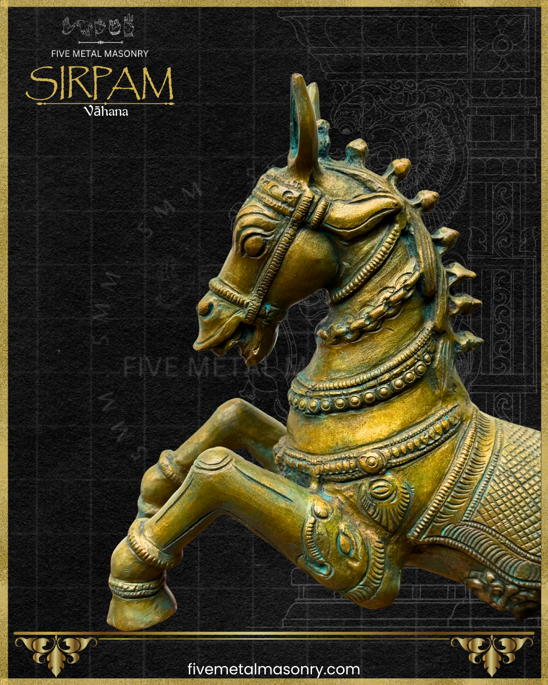 Decorative horse sculpture with intricate details on a black background, featuring the brand 'Five Metal Masonry'.