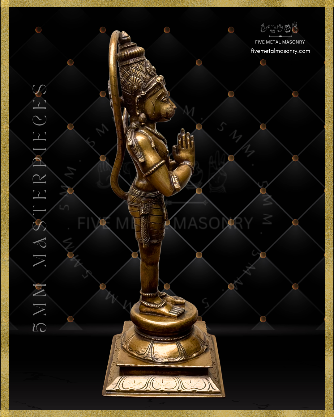 Bronze statue of Hanuman on a black background with 'Five Metal Masonry' branding.