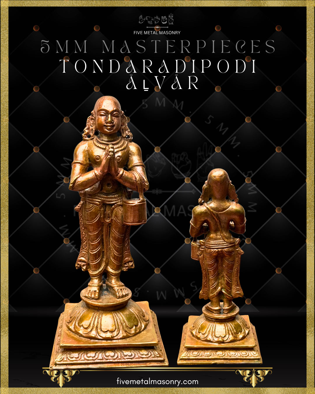 Front and rear view of Tondarapodi Alvar panchaloha bronze icon from the 12 Alvars Masterpieces collection, showing devotional posture, ornamentation, and pedestal detailing.