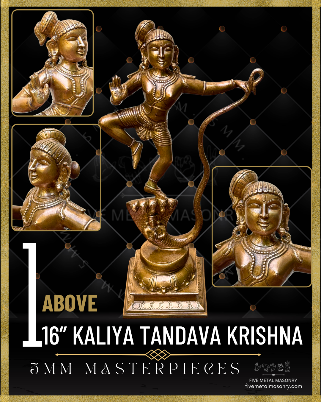 Handcrafted Panchaloha bronze of Kaliya Tandava Krishna from our Masterpieces Collection, depicting Krishna dancing on the multi-hooded serpent Kaliya and holding his curving tail, aligned with Silpa Sastra principles and South Indian iconographic tradition.