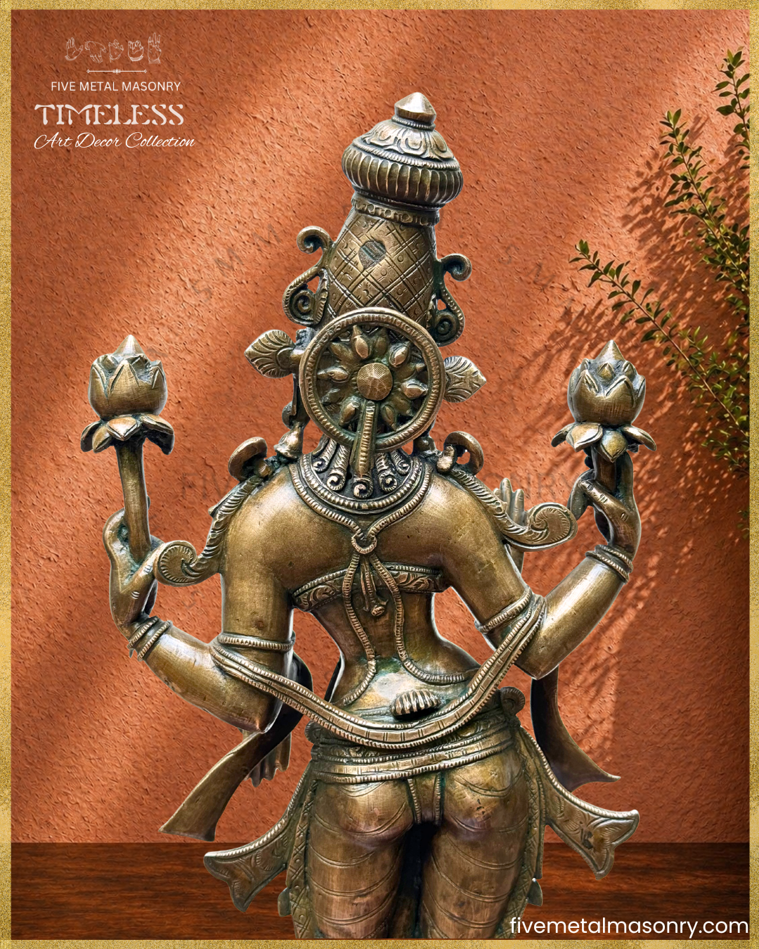 Rear closeup view of panchaloha Bronze statue of Lakshmi in standing posture from Timeless collection