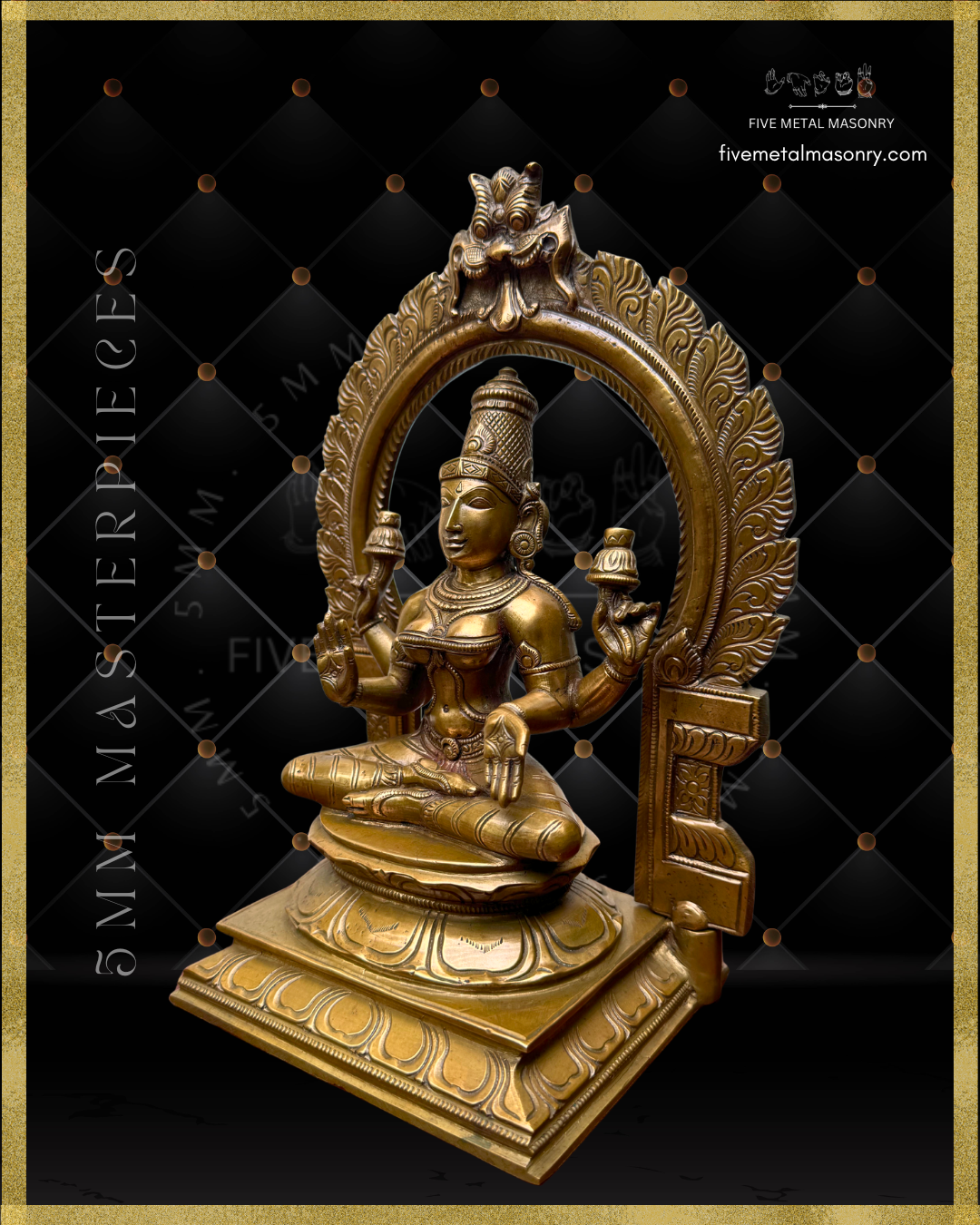Left side view of handcrafted Panchaloha bronze Lakshmi statue from the Five Metal Masonry Masterpieces collection, crafted according to Shilpasastra principles, featuring traditional South Indian iconography with four arms, lotus attributes, abhaya and varada hastas, and finely detailed ornaments.