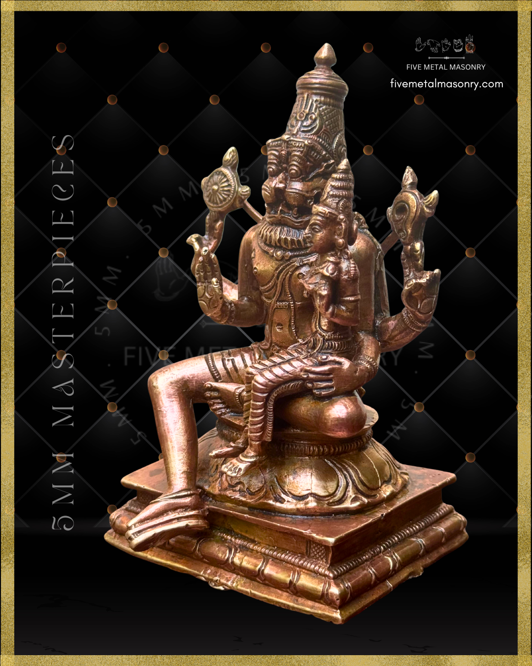 Left profile view of Handcrafted Lakshmi Narasimha Panchaloha bronze from the Masterpieces Collection, crafted in the silpa-sastra and South Indian iconographic tradition, with four-armed Narasimha holding cakra and sankha in upper arms and abhaya and gently holding lakshmi in lower arms, and Lakshmi seated on his left thigh holding a padma.