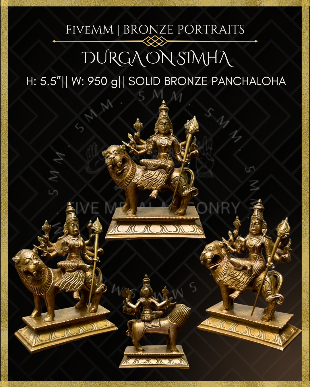 Durga On Simha Panchaloha Bronze statue - Shilpa Sastra iconography, handcrafted lost wax casting – All angle view