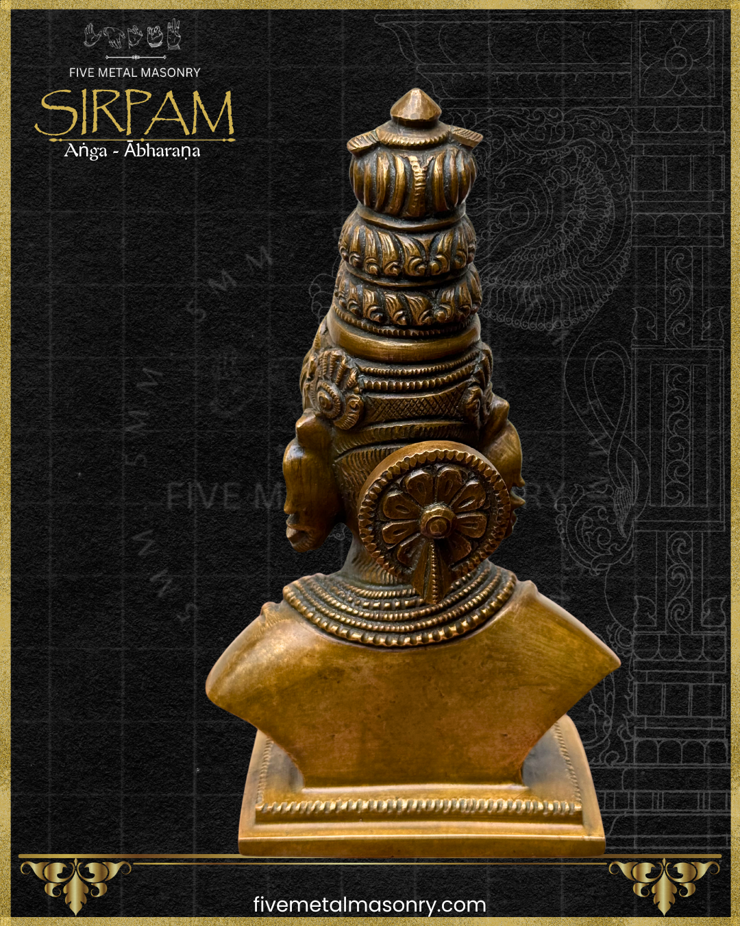Rear view of Parvati bust handcrafted Panchaloha bronze sculpture with jata makuta, circular kundalas, and layered necklaces from the Sirpam collection, inspired by South Indian iconographic traditions.