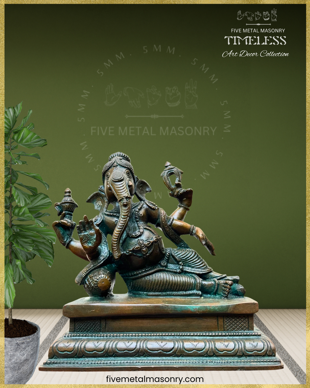 Ganesha reclining Panchaloha Bronze statue – Timeless Collection - Iconography per Shilpa Sastra, Handcrafted lost wax casting – projected view