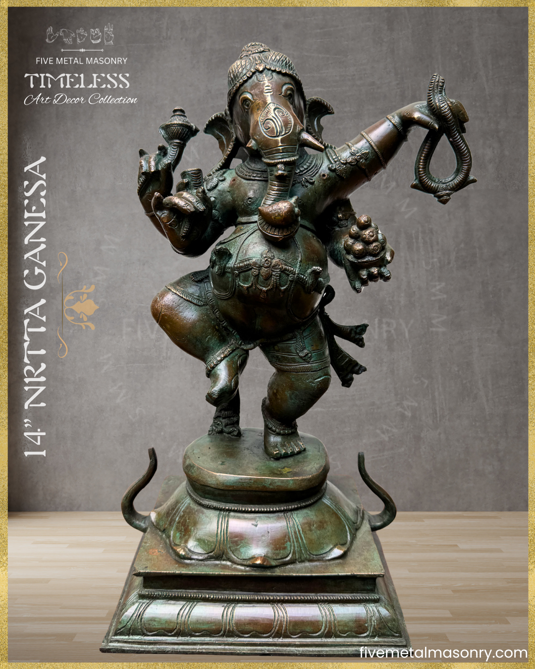 Handcrafted Panchaloha bronze Nṛtta Dancing Ganesha statue from the TIMELESS Collection, depicted in a dynamic dancing posture with four arms, karanda makuta, lotus pedestal, and antique patina finish.