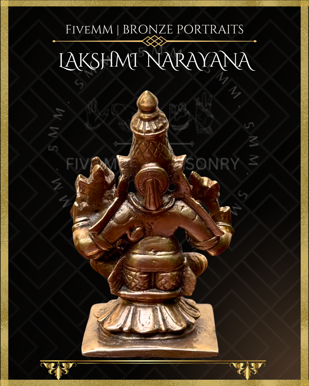 Rear view of handcrafted Lakshmi Narayana Panchaloha bronze statue showing silpa-sastra aligned iconographic detailing, ornamental headdress, chakra and sankha, seated on a traditional pedestal.