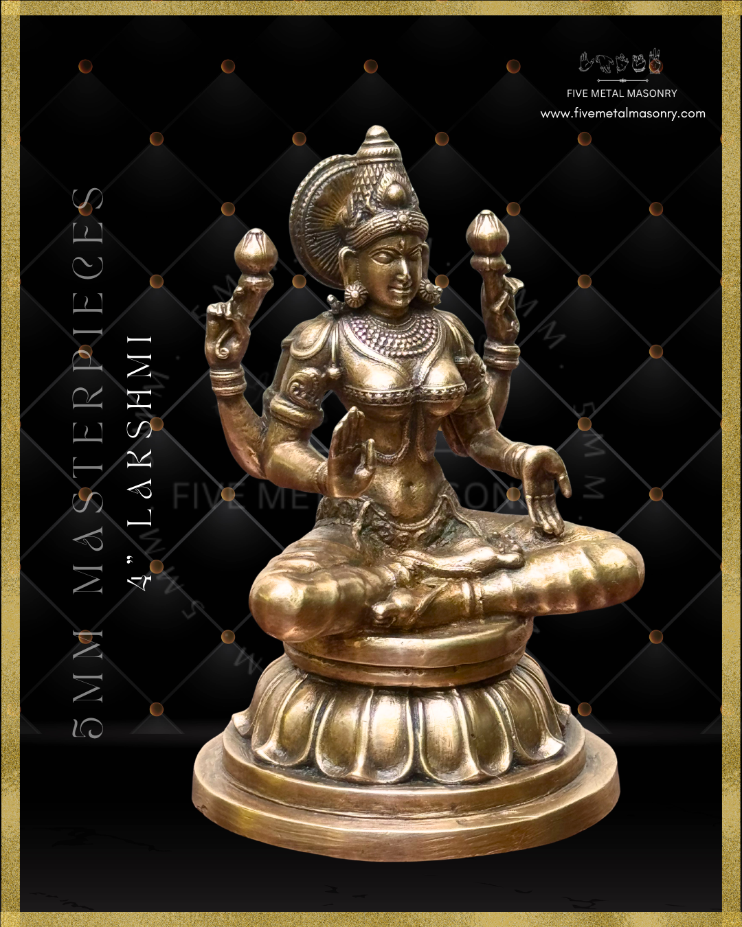 Right profile view of panchaloha bronze seated Lakshmi icon from the Masterpieces collection in padmasana posture, holding lotus buds in the upper hands with lower hands in abhaya and varada hastas, featuring kirita makuta, siraschakra, layered ornamentation and lotus pedestal in South Indian bronze style.