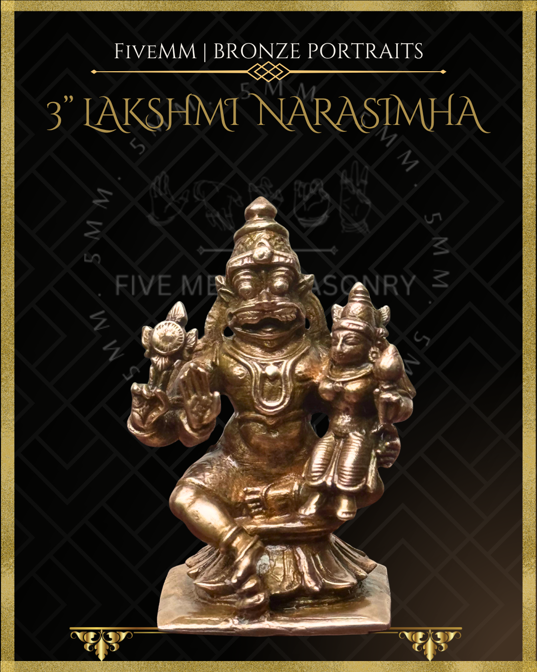 Handcrafted Lakshmi Narasimha Panchaloha bronze statue with silpa-sastra aligned iconographic detailing, chakra and sankha, lower right hand in abhaya, and Lakshmi seated on Narasimha’s left thigh.