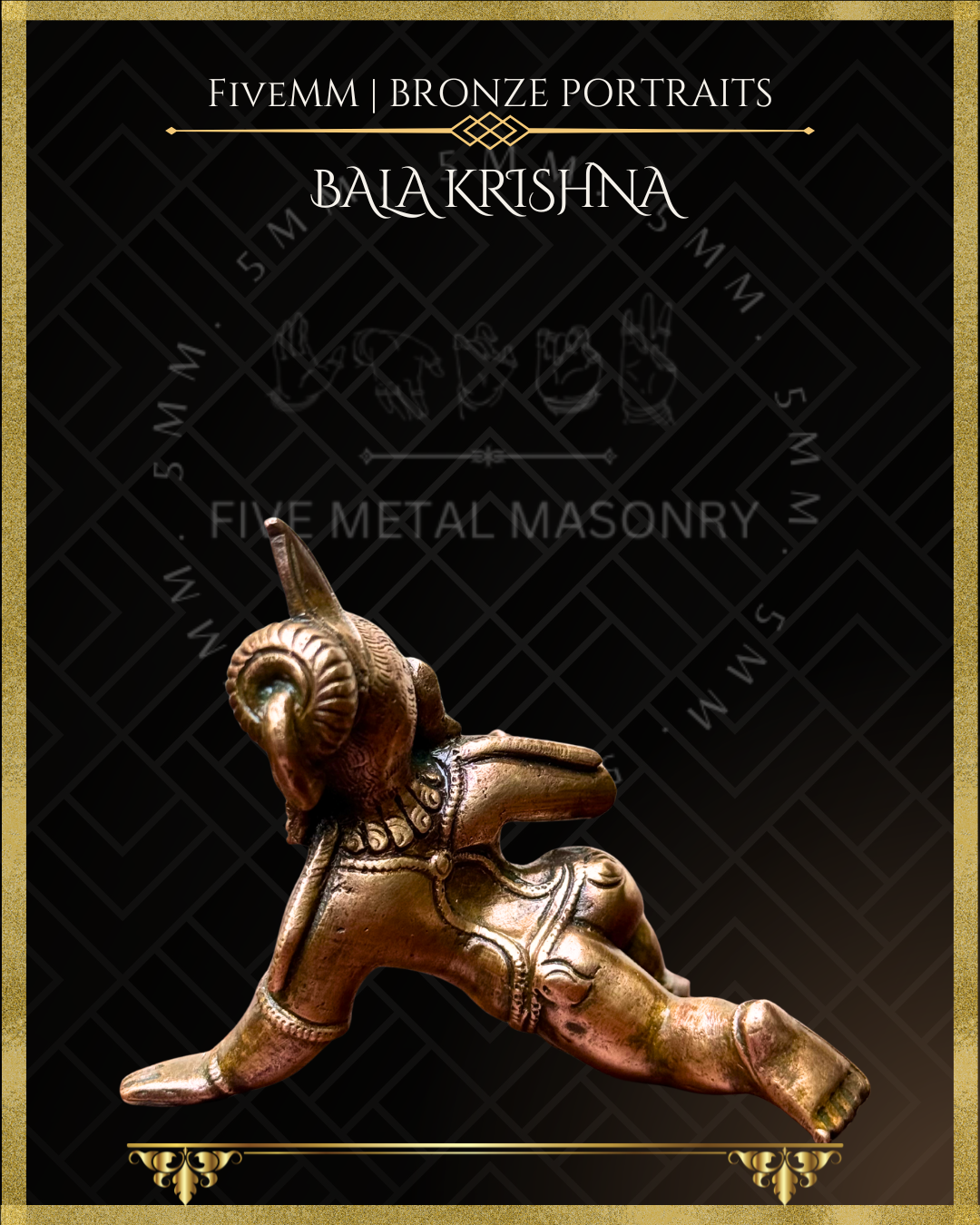 Rear view of Bala Krishna handcrafted Panchaloha bronze statue in crawling pose, detailed South Indian iconography, traditional ornaments, topknot hairstyle