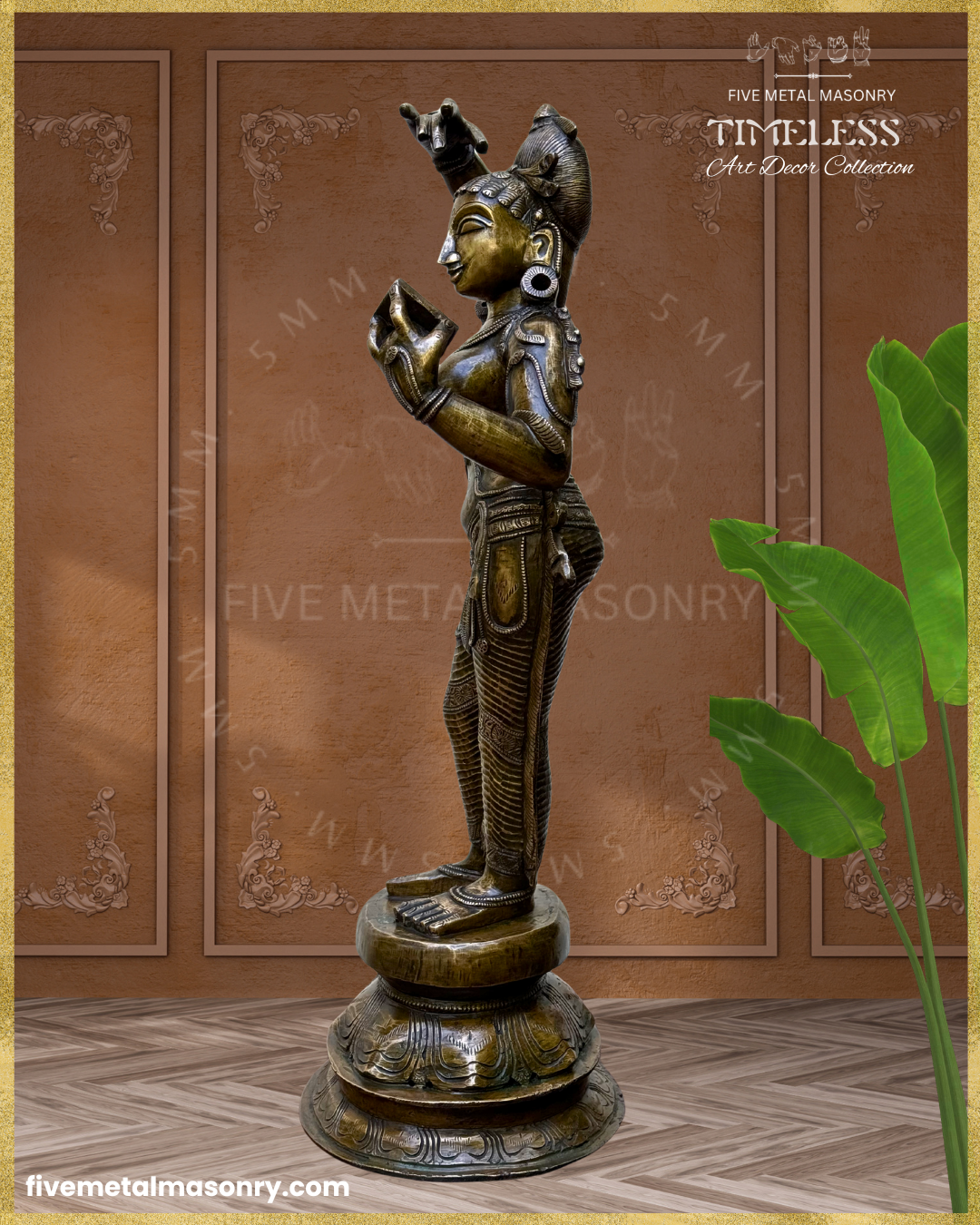 Side view of Handcrafted Panchaloha bronze icon of Darpana Sundari from the Timeless Collection, depicted in graceful tribhanga holding a mirror, adorned with elaborate jewellery, ornate lower garment, and antique patina on a lotus pedestal.