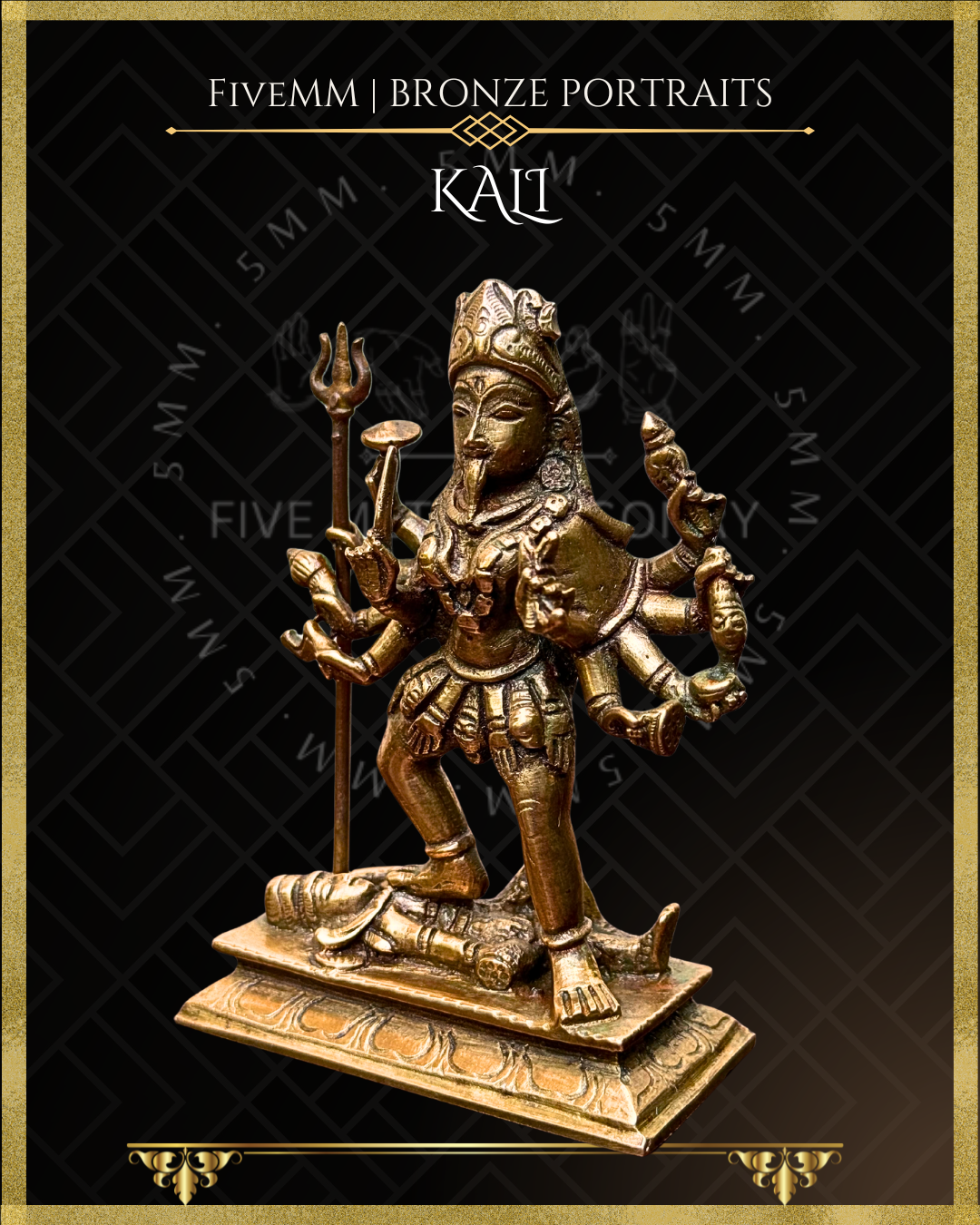 Left profile view of Handcrafted Kali Panchaloha bronze statue in pratyalidha stance over prostrate Shiva, with ten arms holding traditional ayudhas, fierce expression, extended tongue, mundamala and detailed ornamentation, crafted in the silpa-sastra and traditional iconographic tradition.