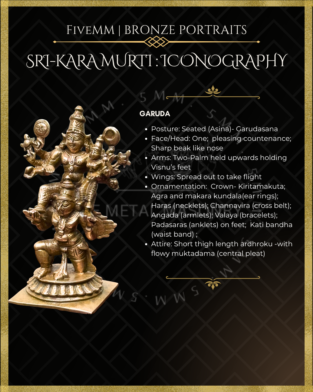 Bronze statue of Vishnu with Lakshmi on Garuda with iconography details on a black background