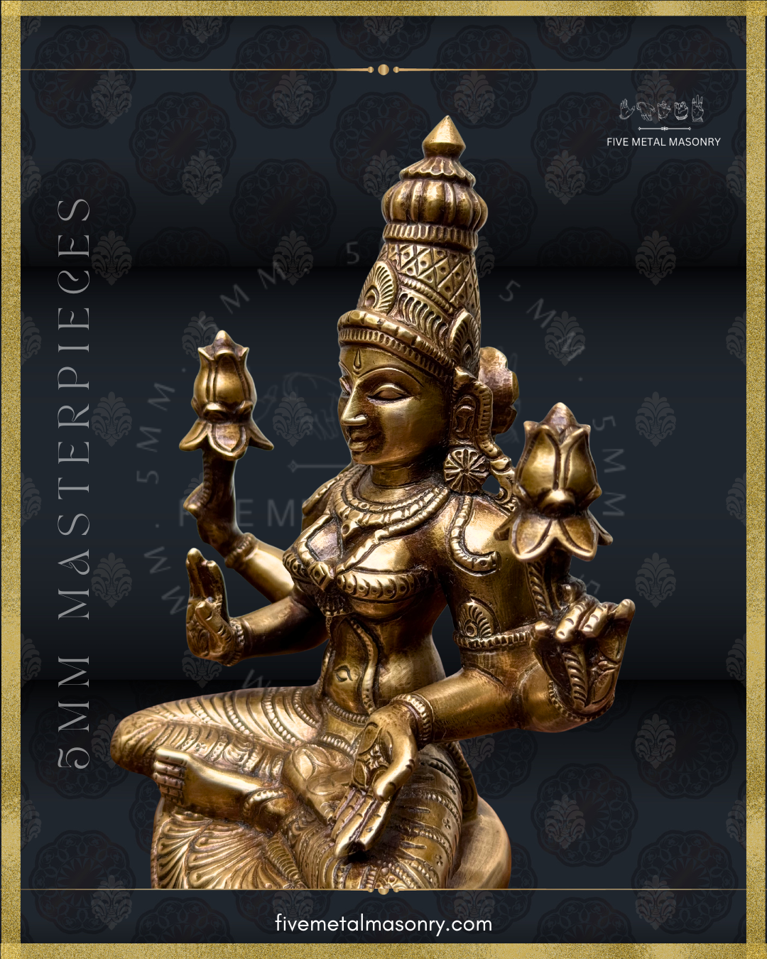 Lakshmi panchaloha bronze statue with intricate detailing and exquisite workmanship on a black background with Five Metal Masonry branding