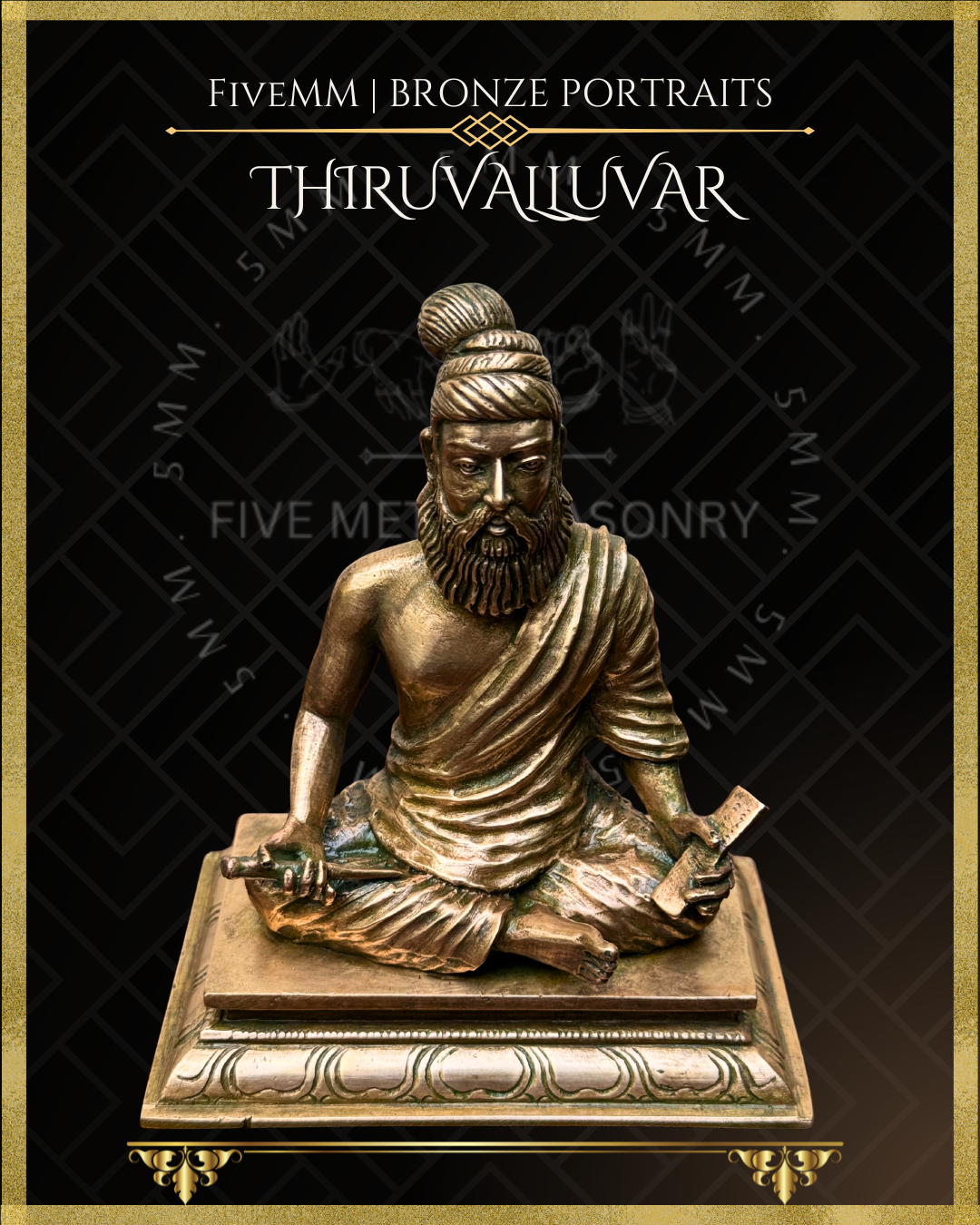 Front view of handcrafted panchaloha bronze Thiruvalluvar seated with scroll on rectangular base.