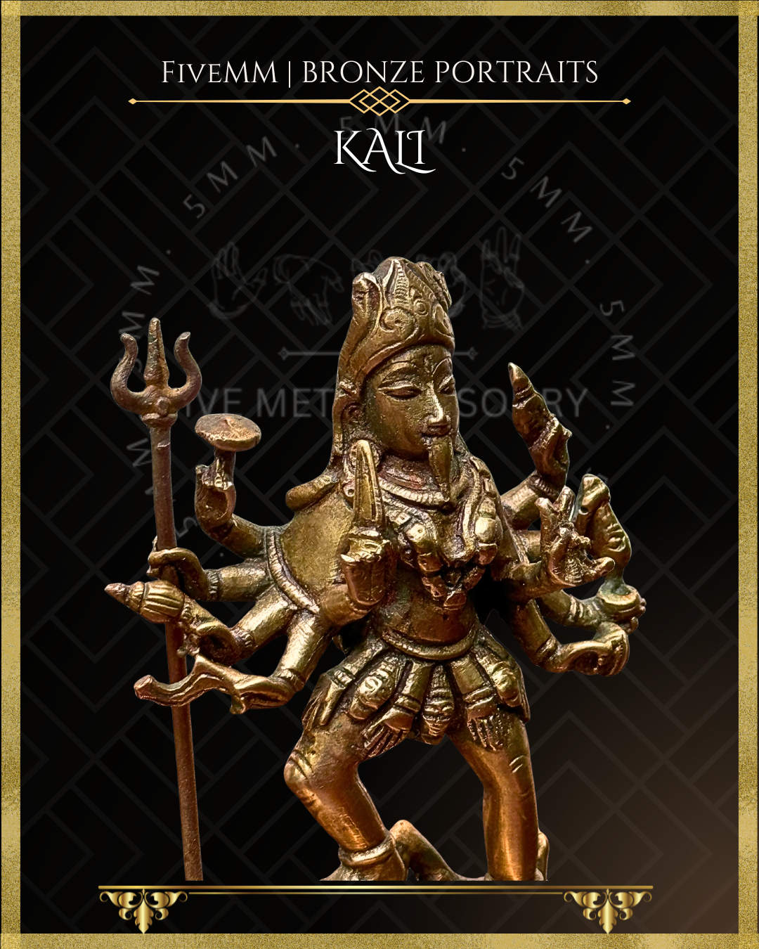 Close-up right side view of handcrafted Kali Panchaloha bronze statue showing the fierce face with extended tongue, crown, mundamala, ten-armed iconography and traditional ayudhas including trisula, crafted with silpa-sastra aligned traditional iconographic detailing.