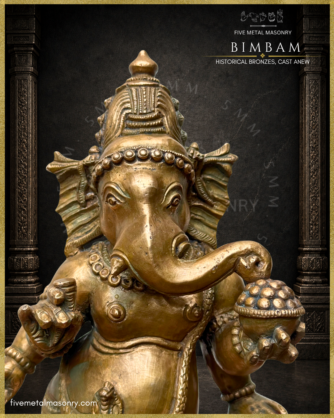 Frontal close-up view of the BIMBAM Thiruvanaikaval Ganesha in handcrafted Panchaloha, highlighting the jata-makuta with lotus crest, broad fan-like ears, broken tusk, strongly curving trunk resting on a cup heaped with sweets, and detailed facial features.