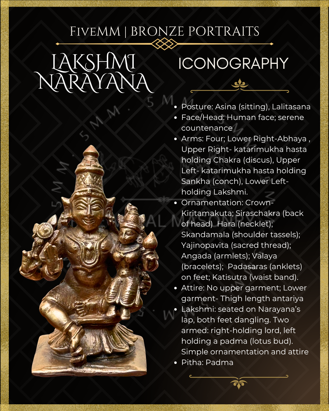 Iconographic description of Handcrafted Lakshmi Narayana Panchaloha bronze statue with silpa-sastra aligned iconographic detailing