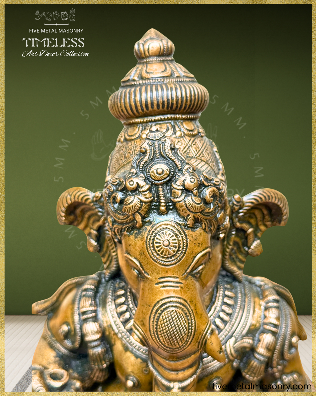 Close-up of antique finish Panchaloha bronze Ganesha featuring expressive elephant face, ornate karanda makuta with yali motifs, detailed ear ornaments, layered necklaces and refined South Indian sculptural craftsmanship from the Timeless collection.