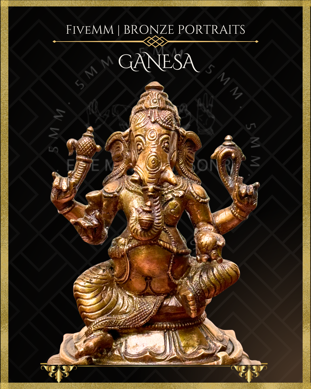 Closeup view of Handcrafted Ganesha in Panchaloha bronze, silpa-sastra aligned and rooted in the South Indian iconographic tradition, four-armed and seated in lalitasana, holding ankusa, pasa, danta and modaka with detailed crown, ornaments and draped lower garment.