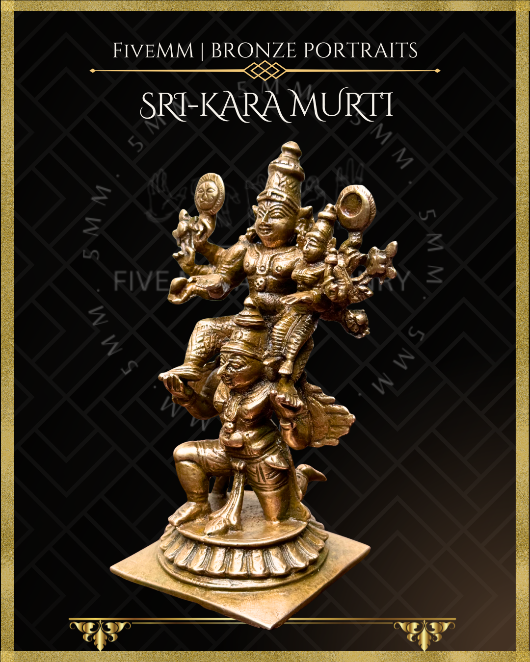 Bronze statue of Sri Kara Murti with 'Fivemmm' branding on a black background