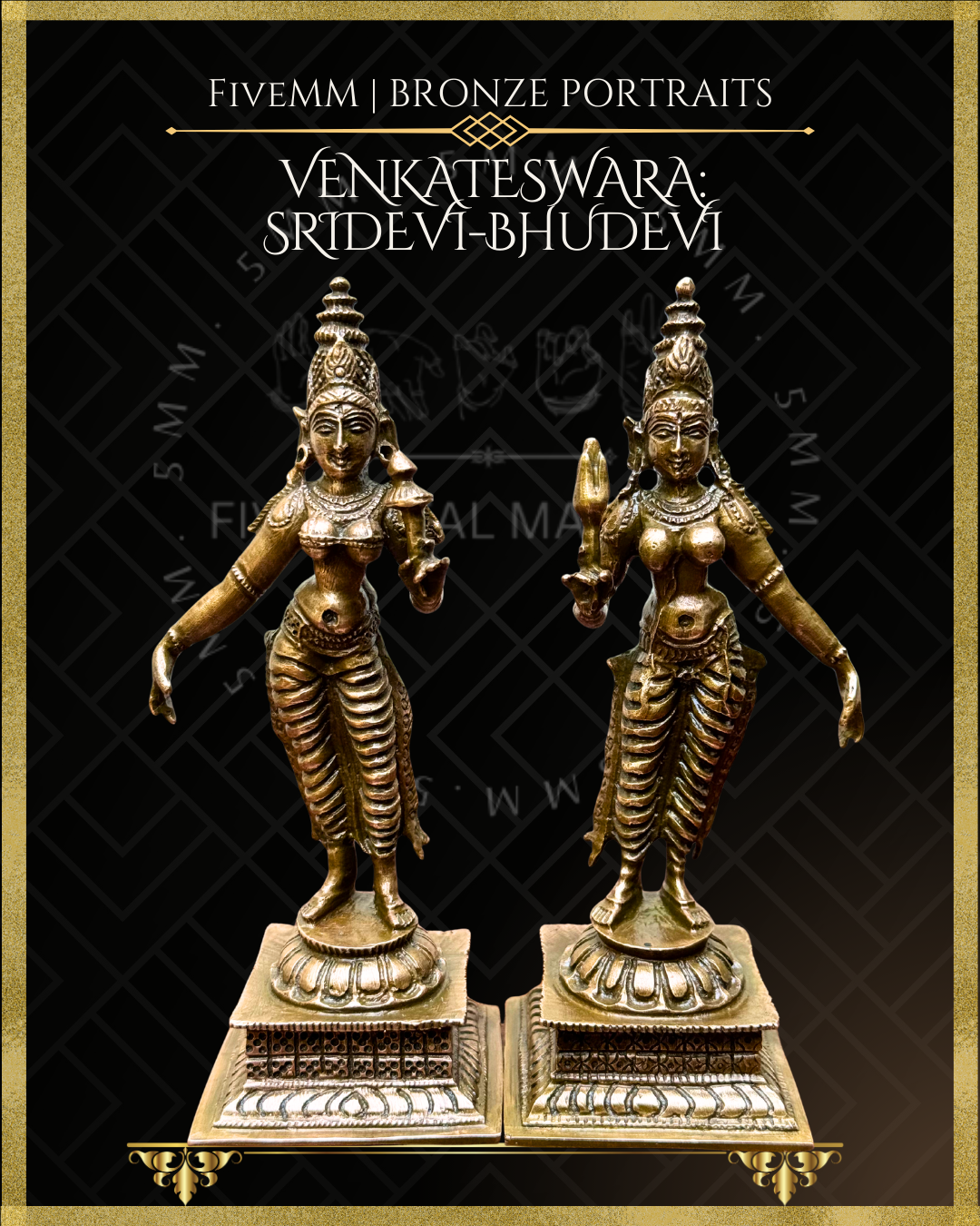 Two bronze statues of Venkateswara, Sridevi, and Bhudevi on a black background