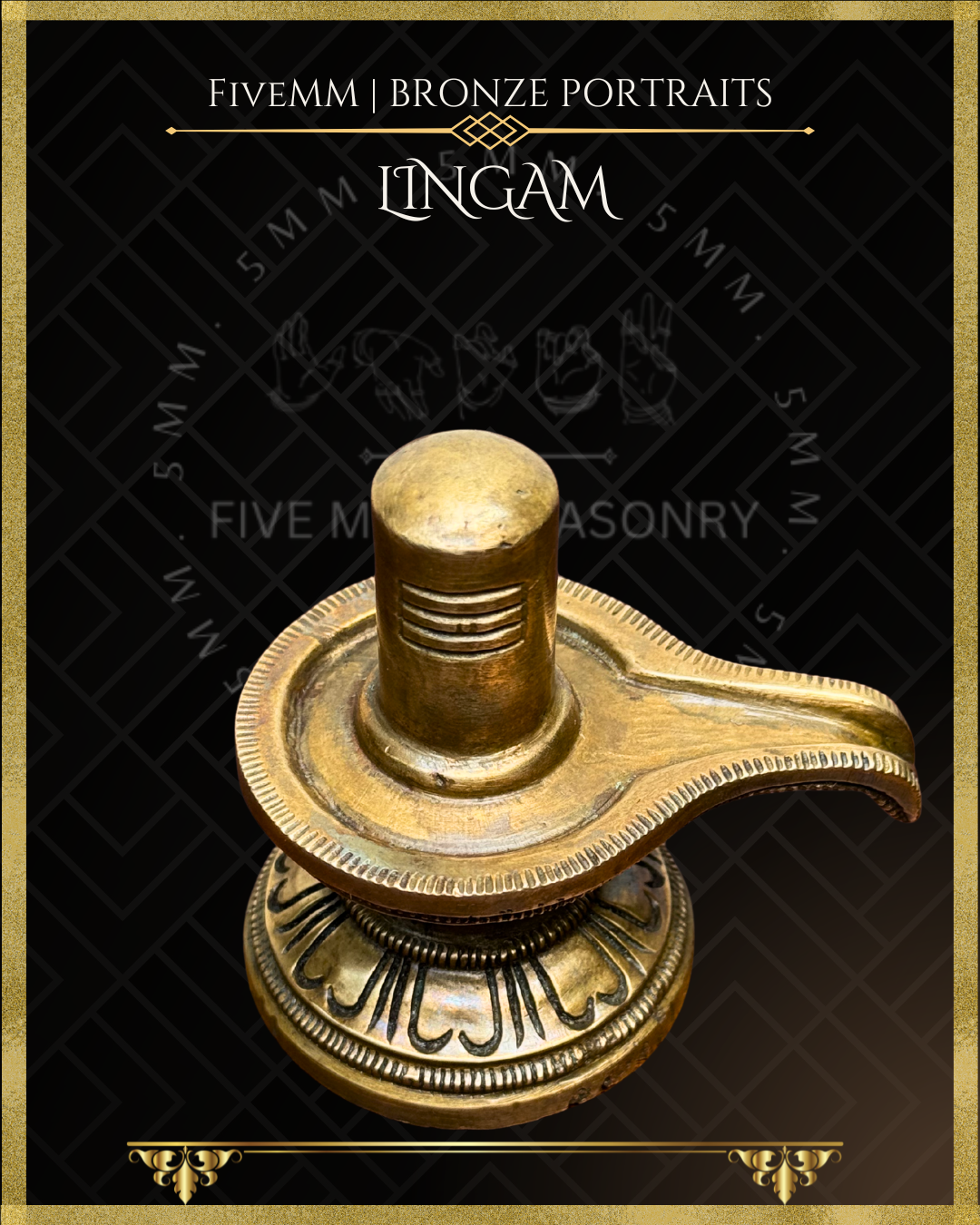 Panchaloha Bronze Lingam sculpture with 'Five Metal Masonry' branding on a black background