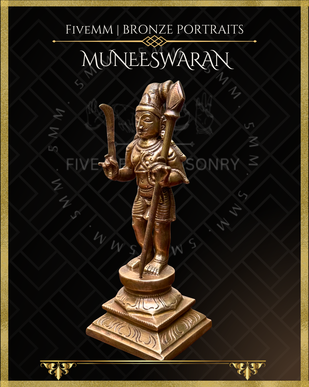 Muneeswaran Panchaloha Bronze statue – Shilpa Sastra iconography, handcrafted lost wax casting – Left facing view